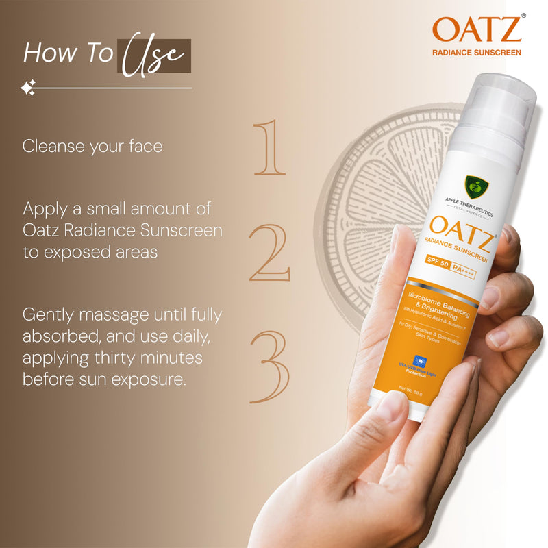 Oatz Radiance Sunscreen SPF 50 PA++++ (50g) Brightening Sunscreen for Oily Acne Prone Skin with Super Hydrating Prebiotic Oats & Hyaluronic Acid | Hydrates & Protects | UVA/UVB/Blue Light Protection