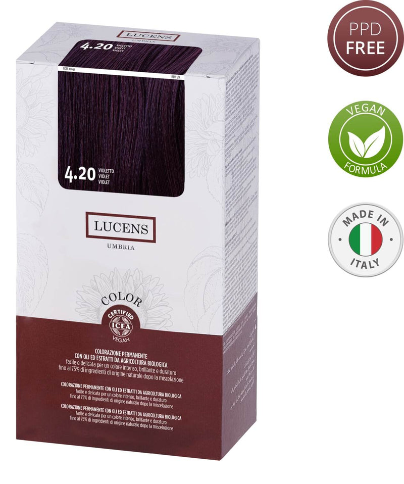 Lucens Hair Color Violet 4.20 Free from PPD Ammonia, Resorcinol, Silicones, Alcohol, SLS- SLES, Mineral Oils, Parabens & Synthetic Fragrance