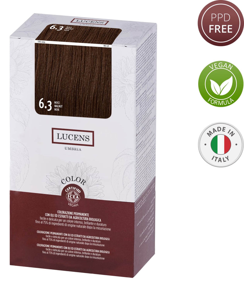Lucens Hair Color Walnut 6.3 Free from PPD Ammonia, Resorcinol, Silicones, Alcohol, SLS- SLES, Mineral Oils, Parabens & Synthetic Fragrance