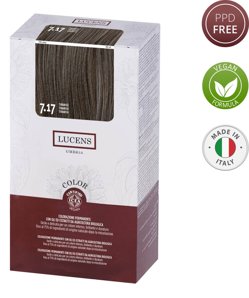 Lucens Hair Color Tiramisu 7.17 Free from PPD Ammonia, Resorcinol, Silicones, Alcohol, SLS- SLES, Mineral Oils, Parabens Made in Italy