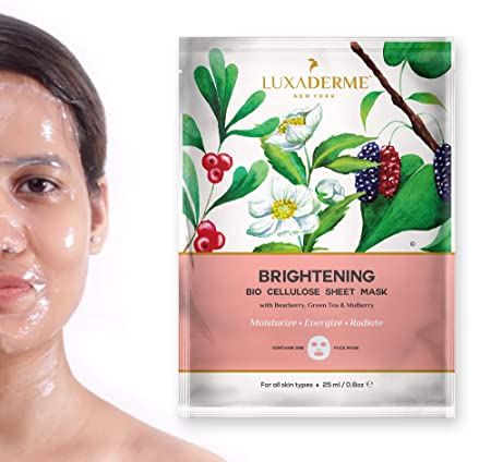 LuxaDerme Brightening Bio Cellulose Face Sheet Mask with Bearberry, Green Tea and Mulberry, 25ml